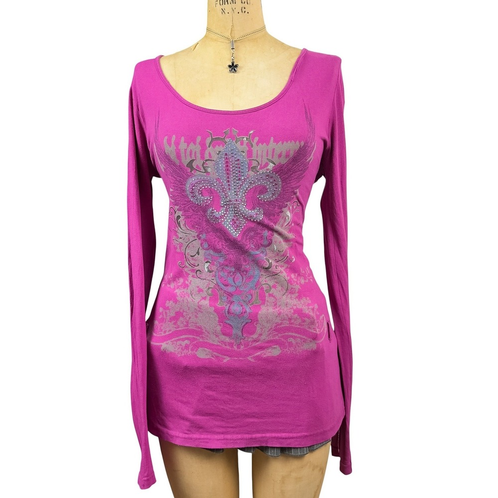 Y2K Rhinestone Long Sleeve Top McBling Fleur De Lis Graphic Alt Punk Grunge XL